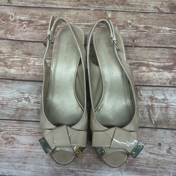 Stuart Weitzman Womens Patent Leather Peep Toe Slingback Wedges Beige Size 9.5 - Picture 9 of 12